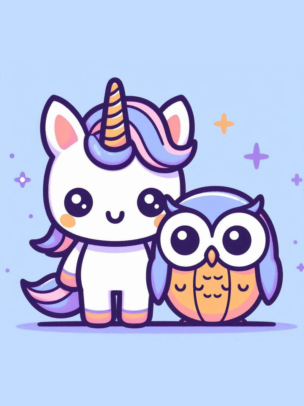 halloween unicorn illustration ideas featuring a cute unicorn with a colorful mane standing beside an adorable owl companion against a pastel background with stars.